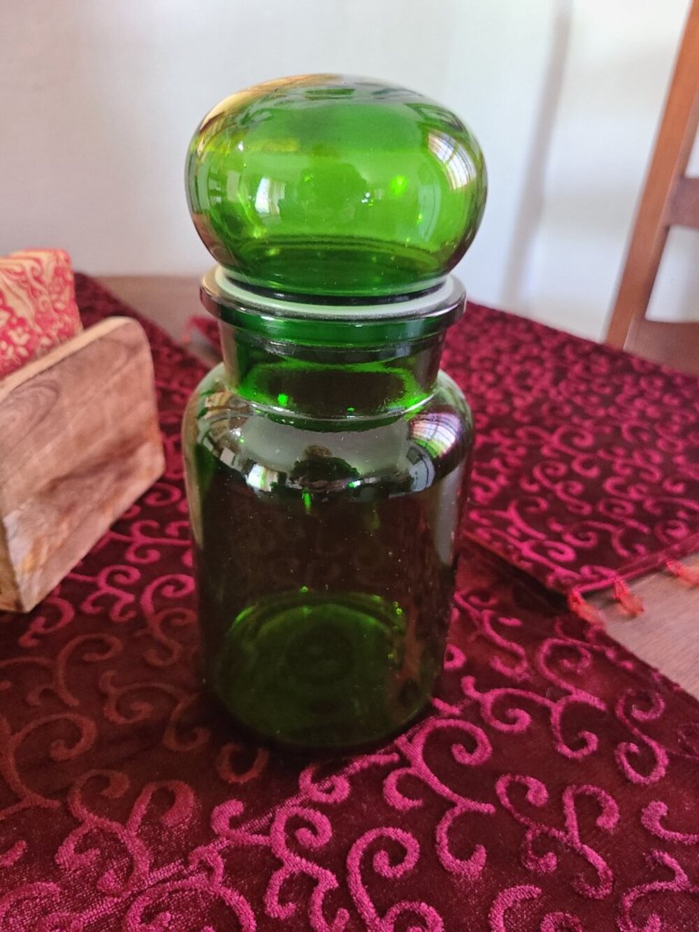 Mid Century Green Glass Apothecary Jar Made In Belgium 8.5" Glass Jar Vac Seal